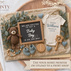 Editable Boy Pregnancy Announcement Digital Baby Announcement Boy Gender Reveal Boho Minimalist Template Its a Boy Little Brother Reveal