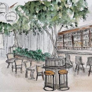 May include: Watercolor illustration of an outdoor cafe scene. The artwork depicts a bar with bottles, tables, chairs, and stools. A large tree is in the center, with green foliage. The scene is rendered in soft watercolor tones.