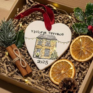 House portrait Christmas Bauble, bespoke ceramic hand painted decoration, unique new home gift, first Christmas ornament, bespoke decoration
