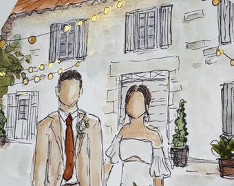 Custom wedding Watercolour Illustration – Hand Drawn Personalised wedding art,  Couple faceless Portrait illustration , Paper Anniversary