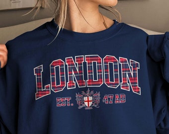Londen Sweatshirt Londen Engeland geruite trui UK Sweatshirt Varsity Crewneck City Sweatshirt Londen vakantie trui cadeau voor Engeland minnaar