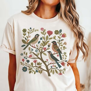 Cottagecore Bird Shirt Folk Art Birds and Flowers Shirt Scandi Art T Shirt Plus Sizes and Oversized TShirts Birding Shirt Bird Gift For Her