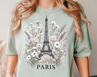 Paris Wildflower Shirt Eiffel Tower Womens Tee France Crewneck Paris Traveler Girl Shirt Paris Trip Shirt for Her Paris French Gift for Mom