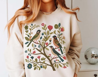 Cottagecore Bird Sweatshirt Folk Art Sweater Birds and Flowers Shirt Scandi Art Crewneck Plus Sizes and Oversized Sweaters Bird Gift for Her