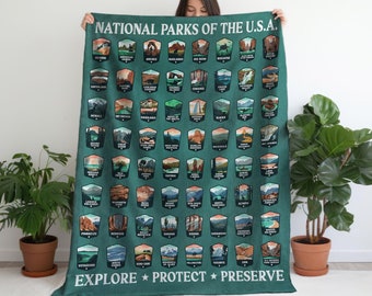 Manta con diseño de 63 Parques Nacionales: Regalo ideal para amantes de la naturaleza, decoración para autocaravanas, manta de camping, regalo para ella, protege nuestros parques.