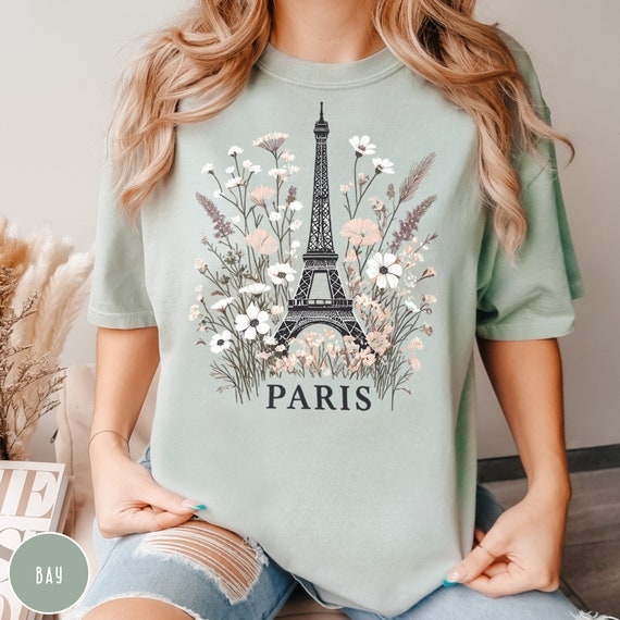 Paris Wildflower Shirt Eiffel Tower Womens Tee France Crewneck Paris Traveler Girl Shirt Paris Trip Shirt for Her Paris French Gift for Mom