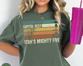Utah National Parks Shirt Mighty Five Zion Canyonlands Arches Capitol Reef Bryce Canyon Retro Stripe Graphic Tee Traveler Gift Trip Souvenir