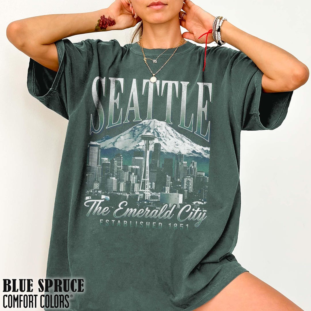Retro Seattle Shirt Emerald City Graphic Tee Space Needle Mt Rainier ...
