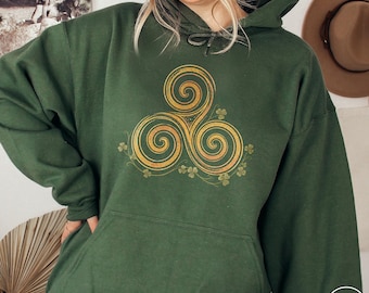 Irish Golden Triskele Hoodie Celtic Trinity Knot Vintage Sweater Irish Heritage Pagan Spiritual Symbol Shamrock Pullover Ireland Travel Gift