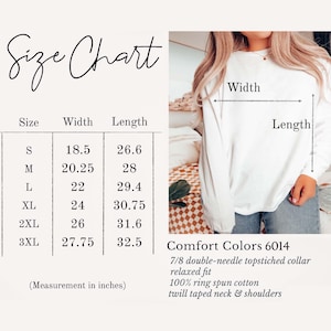 May include: Size chart for a long-sleeved shirt with measurements in inches. The chart shows the width and length of the shirt in sizes S, M, L, XL, 2XL, and 3XL. The shirt is described as having a 7/8 double-needle topstitched collar, a relaxed fit, and is made of 100% ring spun cotton with a twill taped neck and shoulders. The shirt is available in Comfort Colors 6014.