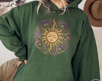 Scottish Thistles Celestial Sun Hoodie Scotland Travel Gift Highland Nature Botanical Heritage Souvenir Highlands Adventure Vintage Pullover