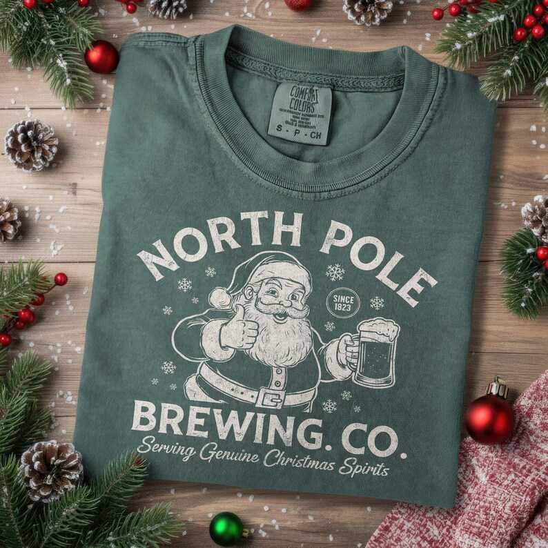 Funny North Pole Brewing Co Santa Tee Funny Winter Comfort Colors Retro Santa Shirt Christmas Spirits Gifted Xmas Xmas Beer Tee Holiday Brew
