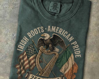 Irish Roots American Pride Shirt Patriotic 4th of July Tee 250th America Anniversary Gift USA Eagle Flag Ireland Harp Heritage Retro TShirt