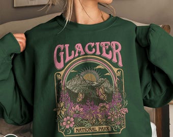 Glacier National Park Sweatshirt Montana Traveler Crewneck Vintage Floral Butterfly Mountains Nature Adventurer Gift Campers Hikers Sweater
