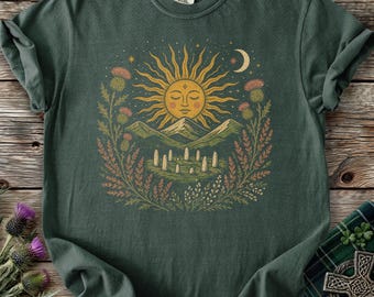 Celestial Standing Stones Shirt Scotland Landscape Sun Moon Mountain Wildflower Thistles Tee Scottish Travel Gift Cottagecore Nature T-shirt