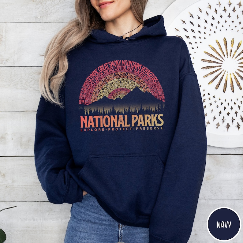 National Parks Vintage Sunset Hoodie 63 National Parks Gift for Outdoor Lover Granola Girl Hoodie National Parks List Mountain Hoodie image 2