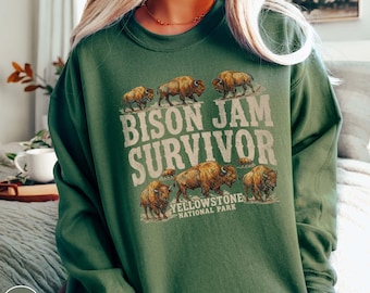 Zabawna bluza podróżna Yellowstone Bison Jam Survivor dla wędrowców z Wyoming, prezent dla kampera Montana w stylu retro z motywem dzikiej przyrody w Parku Narodowym Buffalo