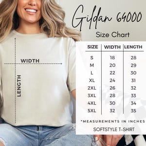 May include: Gildan 6000 Size Chart for t-shirts. The chart shows the size, width in inches, and length in inches for sizes S through 5XL.