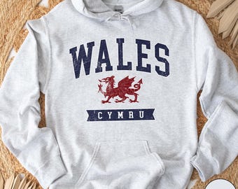 Wales Varsity Hoodie Vintage Cymru Red Dragon Sweatshirt Retro United Kingdom Pullover Welsh Heritage Gift Great Britain UK Travel Souvenir