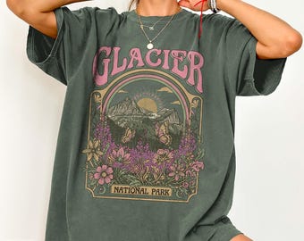 Glacier National Park Shirt Florals Butterflies Vintage Tee Montana Hiking T-shirt Adventurer Nature Gift for Campers Backpackers Travelers