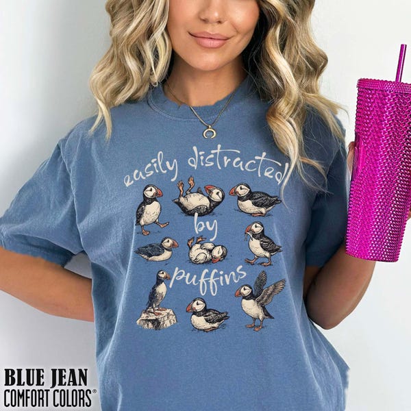 Chemise facilement distrait par les macareux, oiseaux de mer, observation des oiseaux, cadeau d'aventurier en plein air, amoureux des oiseaux, t-shirt rétro de la faune côtière, de la nature