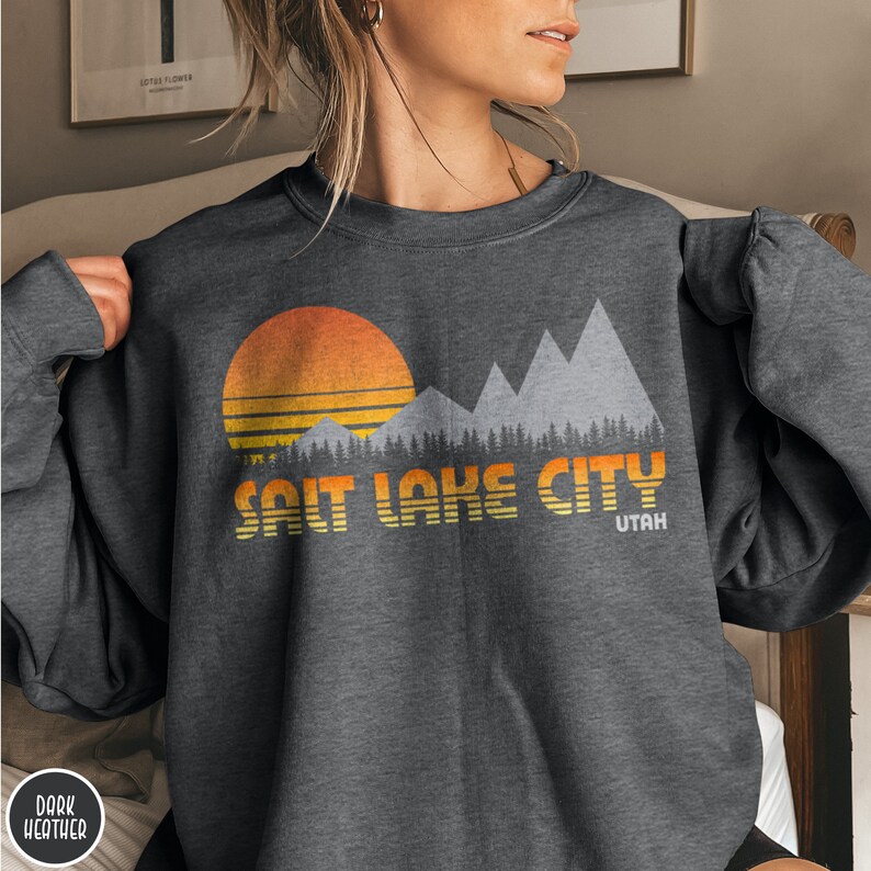 Salt Lake City Sweatshirt Utah Traveler Gift Salt Lake Gift Vintage Mountain Hiking Gift Utah Crewneck SLC Gift Ski Sweatshirt Mountain Sweater Vintage Outdoor Adventure Shirt Utah Gift Camping Gift Retro Sunset Shirt Vacation Shirt Mountaineers Gift