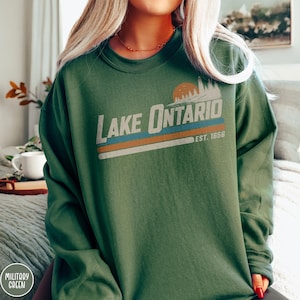 Lake Ontario Sweatshirt Great Lakes Canadian Pride Quiet Activism Retro Crewneck Canada Sovereignty Political Statement Trump Era Resistance Military Green