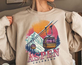 Bluza z kapturem Aspen Colorado, sweter w stylu retro w góry, vintage, prezenty dla podróżników z Kolorado, ubrania narciarskie Aspen w Górach Skalistych, prezent dla narciarza z okrągłym dekoltem w kolorze CO