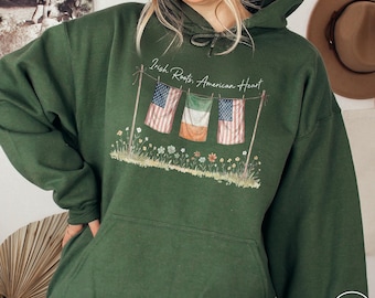Irish Roots American Heart Hoodie Ireland USA Flag Pullover Cottagecore Patriotic Celtic Heritage Gift Retro Family Ancestry Travel Souvenir