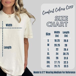 May include: Size chart for Comfort Colors C1717 t-shirts, showing width and length measurements in inches for sizes S through 4XL. The chart shows a model wearing a size Medium for reference.