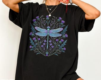 Dragonfly Scottish Thistle Shirt Gift for Travelers Scotland Heritage Botanical Tee Celtic Nature Vintage Insect Lover Floral Mystic T-shirt