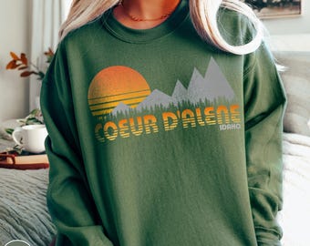 Coeur d'Alene Idaho Mountain Sweatshirt Retro Sunset Idaho Traveler Crewneck Lake Life Gift Outdoor Adventurer Ski Trip Sweater Hiking Gift