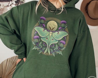 Thistle Luna Moth Hoodie Scottish Heritage Celestial Moon Sweatshirt Celtic Botanical Vintage Witchy Cottagecore Scotland Nature Travel Gift
