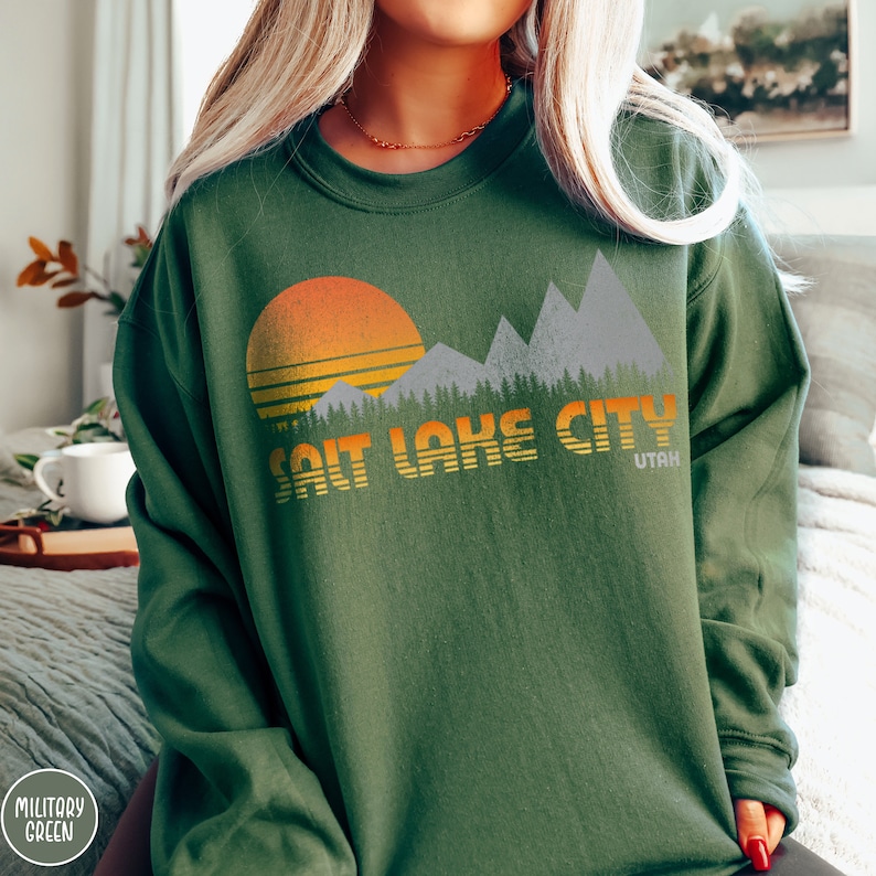 Salt Lake City Sweatshirt Utah Traveler Gift Salt Lake Gift Vintage Mountain Hiking Gift Utah Crewneck SLC Gift Ski Sweatshirt Mountain Sweater Vintage Outdoor Adventure Shirt Utah Gift Camping Gift Retro Sunset Shirt Vacation Shirt Mountaineers Gift
