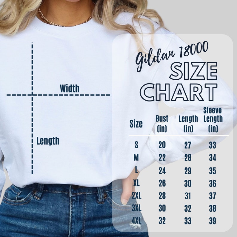 K&ouml;nnte beinhalten: Gildan 18000 Gr&ouml;&szlig;entabelle f&uuml;r Sweatshirts. Die Tabelle zeigt die Ma&szlig;e in Zoll f&uuml;r Brustumfang, L&auml;nge und &Auml;rmell&auml;nge f&uuml;r die Gr&ouml;&szlig;en S bis 4XL.