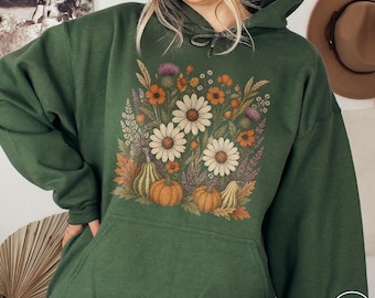 Pumpkin Florals Hoodie Autumnal Scottish Thistle Flower Scotland Travel Gift Fall Heritage Souvenir Highland Nature Adventure Rustic Vintage
