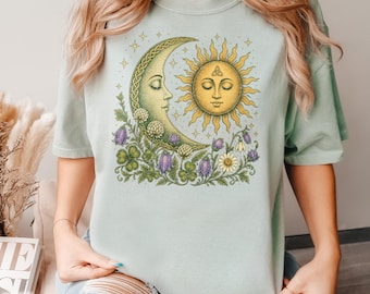 Irish Celtic Celestial Shirt Gift for Traveler Ireland Roots Heritage Sun Moon Tee Shamrock Flower Witchy Nature Lover Souvenir Retro TShirt