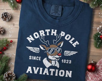 North Pole Aviation Reindeer Shirt Rudolph Reindeer Comfort Colors T-Shirt Funny North Pole Tee Pilot Gifts Christmas Trip Shirt Xmas Tee