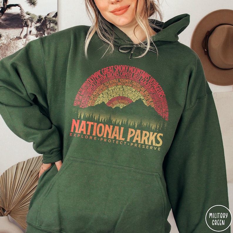 National Parks Vintage Sunset Hoodie 63 National Parks Gift for Outdoor Lover Granola Girl Hoodie National Parks List Mountain Hoodie image 1