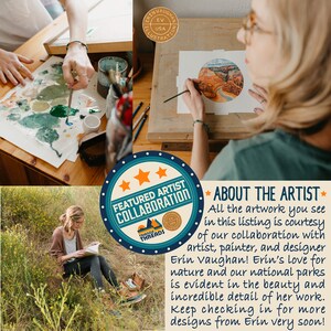 Op de afbeelding: Een samenwerking met de kunstenares Erin Vaughan, een kunstenares, schilder en ontwerpster. De tekst "Featured Artist Collaboration" staat in een blauwe cirkel met drie sterren en de tekst "Triangle Threads" staat onder de sterren. De tekst "About the Artist" staat in een blauwe cirkel met drie sterren. De tekst onder de cirkel luidt: "Alle kunstwerken die je in deze lijst ziet, zijn een samenwerking met de kunstenares, schilder en ontwerpster Erin Vaughan! Erin's liefde voor de natuur en onze nationale parken is duidelijk te zien in de schoonheid en de ongelooflijke details van haar werk. Blijf controleren voor meer ontwerpen van Erin heel binnenkort!"