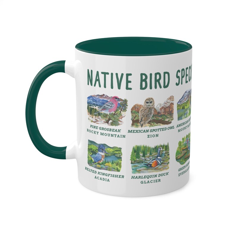 May include: White ceramic mug with a green rim. The mug features a design of native birds from different national parks in the United States. The text "NATIVE BIRD SPECIES" is at the top of the mug.