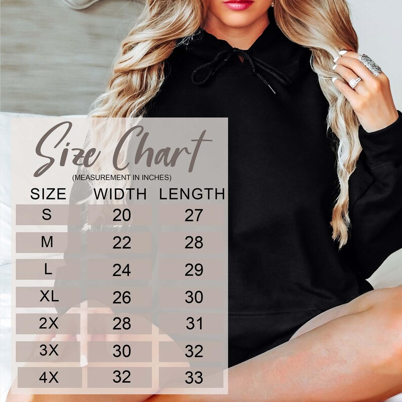 May include: Size chart for a hoodie, showing width and length measurements in inches for sizes S through 4X.