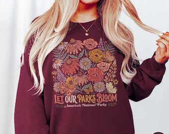 63 National Parks List Floral Sweatshirt Boho Wildflower Granola Girl Nature Lover Hiking Adventure Crewneck Flowered Sweater Gift for Her