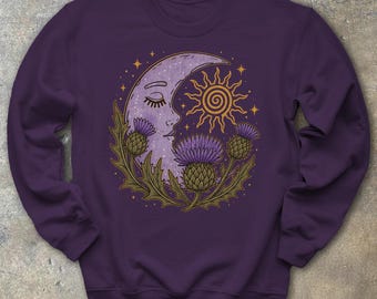 Celestial Scottish Thistle Sweatshirt Gift for Scotland Travelers Witchy Moon Sun Stars Floral Crewneck Cottagecore Highland Retro Sweater