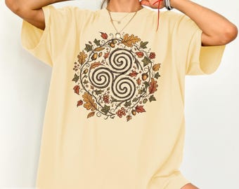 Celtic Spiral Triskele Shirt Ancient Symbol Autumn Flower Tee Irish Heritage Fall Leaves Vibes Botanical Nature Vintage Ireland Gift T-Shirt