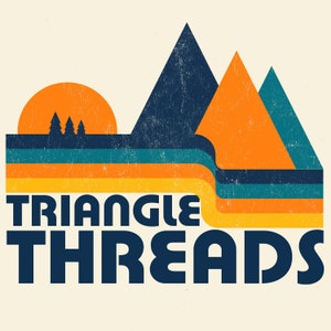 May include: A retro-style graphic design with a sunset and three mountains in the background. The text "Triangle Threads" is in bold, blue letters in the foreground.