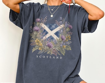 Scotland Flag Botanical Shirt Scottish Saltire Thistle St Andrews Day Gift Travel Souvenir Highland Heritage Wildflower Nature Adventure Tee