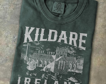 Camiseta vintage del condado de Kildare, Irlanda, con estampado de la catedral de Santa Brígida, estilo retro, ideal como regalo o recuerdo de viaje. Camiseta de vacaciones en Leinster.