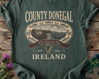 Camiseta del condado de Donegal, regalo de viaje por la costa de Irlanda, camiseta Wild Atlantic Way, cultura celta irlandesa, camiseta vintage, recuerdo de vacaciones en el Ulster