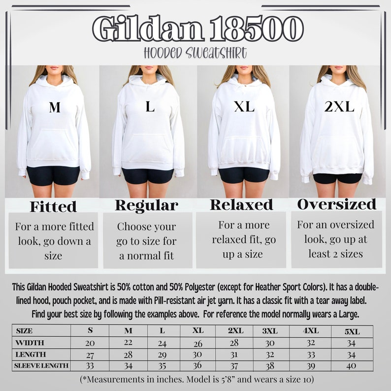 May include: Size chart for Gildan 18500 hooded sweatshirts. The chart shows the width, length, and sleeve length in inches for sizes S through 5XL. The chart also includes descriptions of the fit for each size: Fitted, Regular, Relaxed, and Oversized.